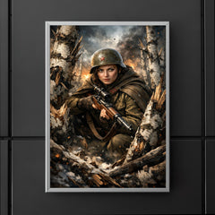 Lyudmila Pavlichenko among shattered birch trees poster 5