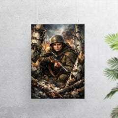 Lyudmila Pavlichenko among shattered birch trees poster 7
