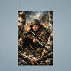 Lyudmila Pavlichenko among shattered birch trees poster 9