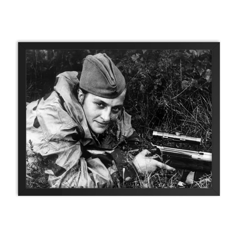 Lyudmila Pavlichenko framed print on a plain backdrop in size 18