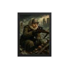 Lyudmila Pavlichenko rooftop sniper portrait in winter rubble framed print on a plain backdrop in size 12"x16".