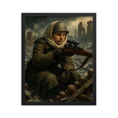 Lyudmila Pavlichenko rooftop sniper portrait in winter rubble framed print on a plain backdrop in size 16"x20".