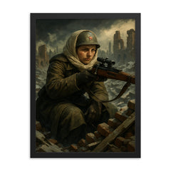 Lyudmila Pavlichenko rooftop sniper portrait in winter rubble framed print on a plain backdrop in size 18"x24".