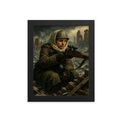 Lyudmila Pavlichenko rooftop sniper portrait in winter rubble framed print on a plain backdrop in size 8"x10".