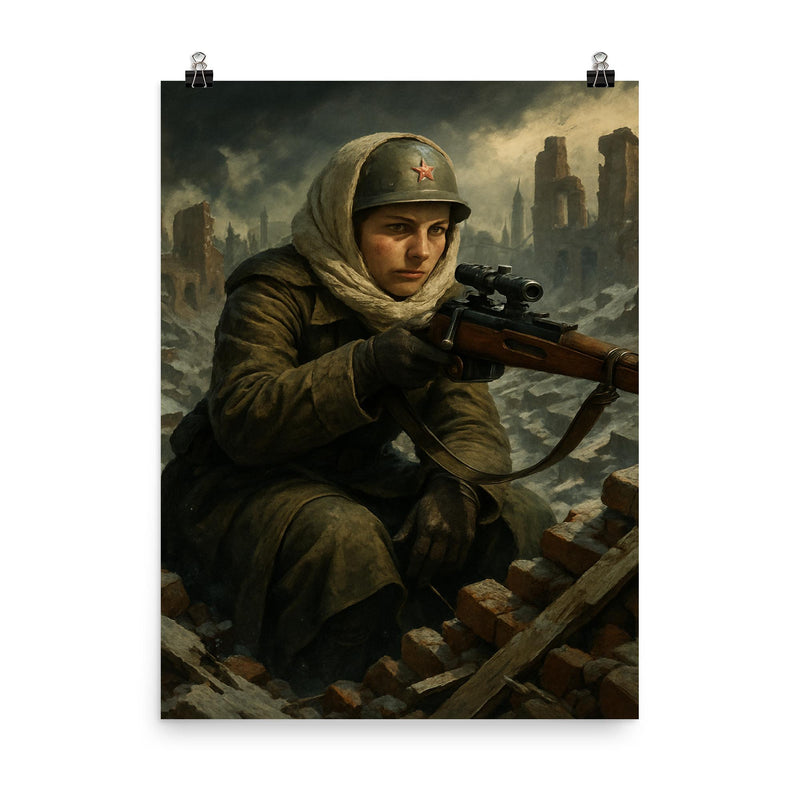 Lyudmila Pavlichenko rooftop sniper portrait in winter rubble poster on a plain backdrop in size 8