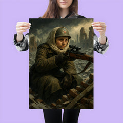 Lyudmila Pavlichenko rooftop sniper portrait in winter rubble poster 3