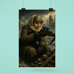 Lyudmila Pavlichenko rooftop sniper portrait in winter rubble poster 6