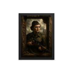 Lyudmila Pavlichenko sniper portrait in ruined window framed print on a plain backdrop in size 12"x16".