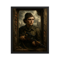 Lyudmila Pavlichenko sniper portrait in ruined window framed print on a plain backdrop in size 16"x20".