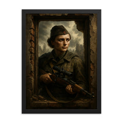 Lyudmila Pavlichenko sniper portrait in ruined window framed print on a plain backdrop in size 18"x24".