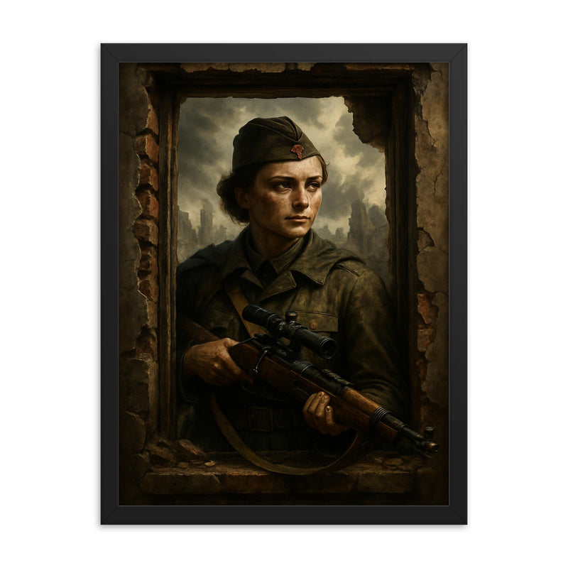 Lyudmila Pavlichenko sniper portrait in ruined window framed print on a plain backdrop in size 18