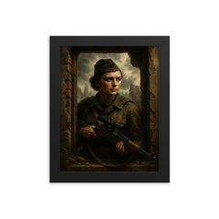 Lyudmila Pavlichenko sniper portrait in ruined window framed print on a plain backdrop in size 8"x10".
