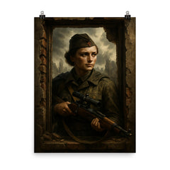 Lyudmila Pavlichenko sniper portrait in ruined window poster on a plain backdrop in size 8"x10".
