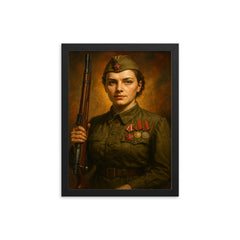 Lyudmila Pavlichenko with rifle and medals framed print on a plain backdrop in size 12"x16".