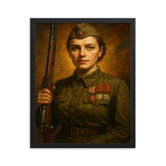 Lyudmila Pavlichenko with rifle and medals framed print on a plain backdrop in size 16"x20".
