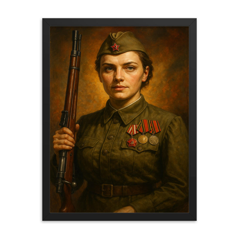 Lyudmila Pavlichenko with rifle and medals framed print on a plain backdrop in size 18