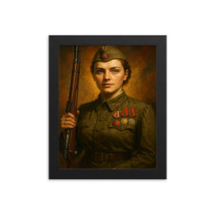 Lyudmila Pavlichenko with rifle and medals framed print on a plain backdrop in size 8"x10".