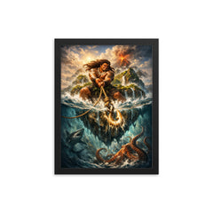 Māui hauling islands from the ocean depths framed print on a plain backdrop in size 12"x16".