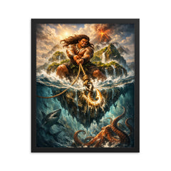 Māui hauling islands from the ocean depths framed print on a plain backdrop in size 16"x20".