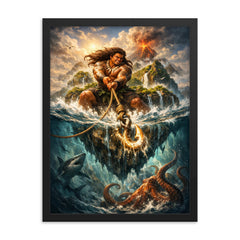Māui hauling islands from the ocean depths framed print on a plain backdrop in size 18"x24".