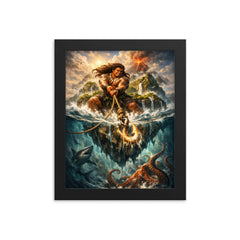 Māui hauling islands from the ocean depths framed print on a plain backdrop in size 8"x10".