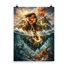Māui hauling islands from the ocean depths poster on a plain backdrop in size 8"x10".