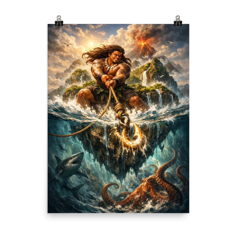 Māui hauling islands from the ocean depths poster on a plain backdrop in size 8