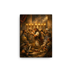 Maccabee revolt fighters cleansing the Temple lampstand canvas print on a plain backdrop in size 12"x16".