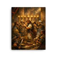 Maccabee revolt fighters cleansing the Temple lampstand canvas print on a plain backdrop in size 16"x20".