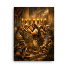 Maccabee revolt fighters cleansing the Temple lampstand canvas print on a plain backdrop in size 18"x24".