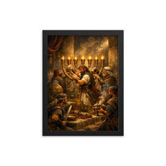 Maccabee revolt fighters cleansing the Temple lampstand framed print on a plain backdrop in size 12"x16".