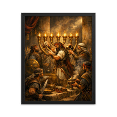 Maccabee revolt fighters cleansing the Temple lampstand framed print on a plain backdrop in size 16"x20".