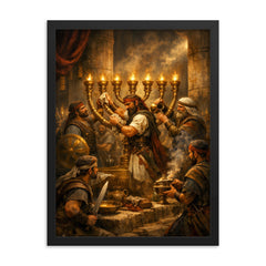 Maccabee revolt fighters cleansing the Temple lampstand framed print on a plain backdrop in size 18"x24".