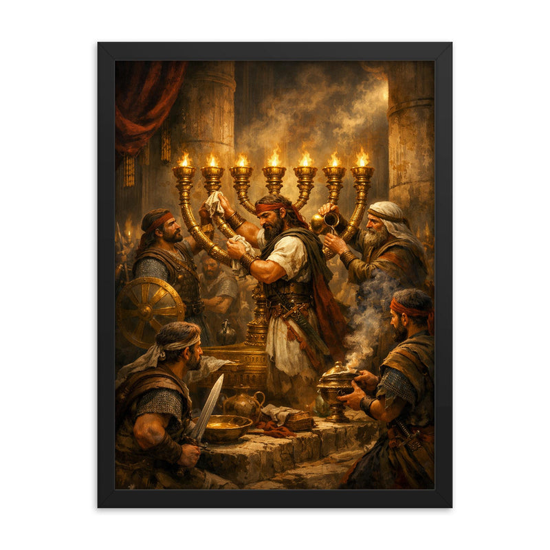 Maccabee revolt fighters cleansing the Temple lampstand framed print on a plain backdrop in size 18