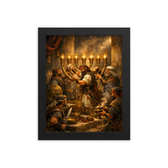 Maccabee revolt fighters cleansing the Temple lampstand framed print on a plain backdrop in size 8"x10".