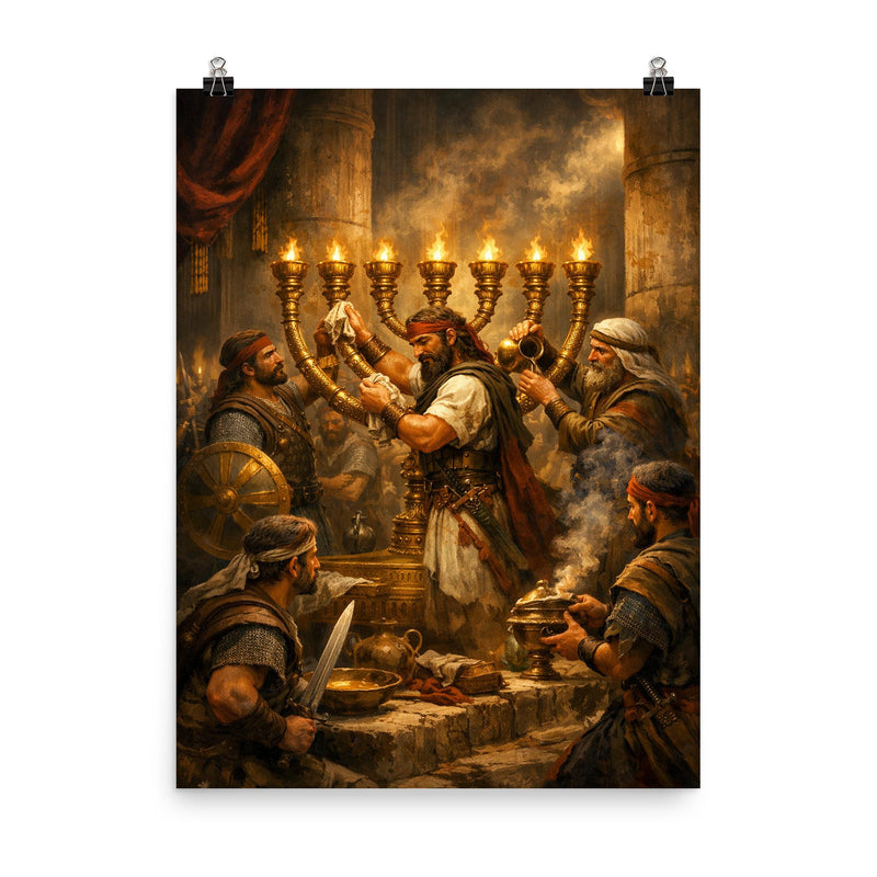 Maccabee revolt fighters cleansing the Temple lampstand poster on a plain backdrop in size 8