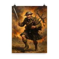 Mad Jack Churchill charging with broadsword and bagpipes poster on a plain backdrop in size 8"x10".