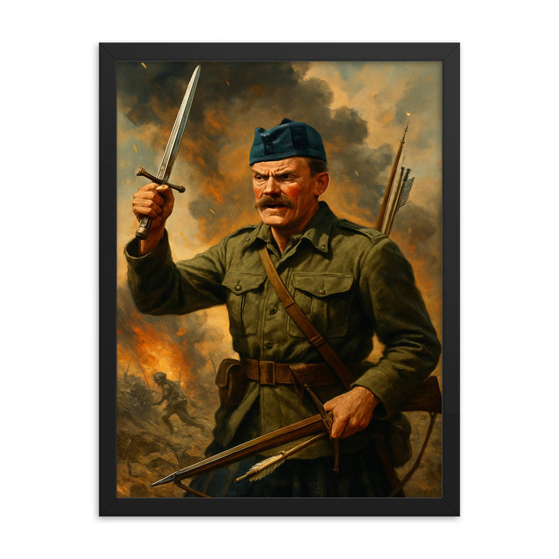 Mad Jack Churchill framed print on a plain backdrop in size 18