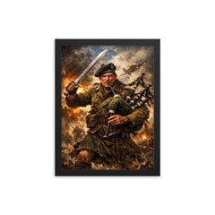 Mad Jack Churchill with broadsword and bagpipes framed print on a plain backdrop in size 12"x16".
