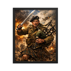 Mad Jack Churchill with broadsword and bagpipes framed print on a plain backdrop in size 16"x20".