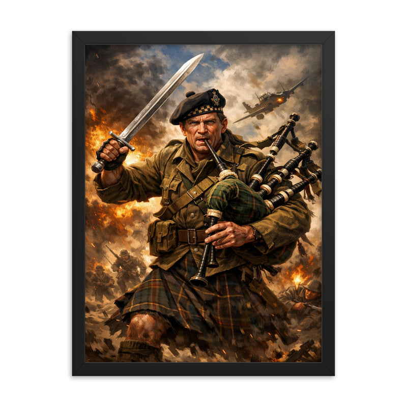 Mad Jack Churchill with broadsword and bagpipes framed print on a plain backdrop in size 18