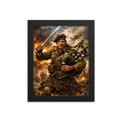 Mad Jack Churchill with broadsword and bagpipes framed print on a plain backdrop in size 8"x10".
