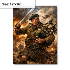 Mad Jack Churchill with broadsword and bagpipes metal print on a plain backdrop in size 12"x16".