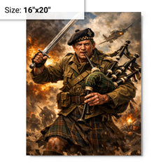 Mad Jack Churchill with broadsword and bagpipes metal print on a plain backdrop in size 16"x20".