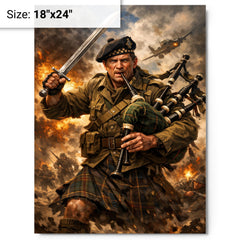 Mad Jack Churchill with broadsword and bagpipes metal print on a plain backdrop in size 18"x24".