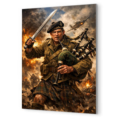 Mad Jack Churchill with broadsword and bagpipes metal print mockup