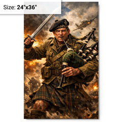 Mad Jack Churchill with broadsword and bagpipes metal print on a plain backdrop in size 24"x36".