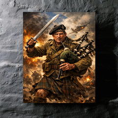 Mad Jack Churchill with broadsword and bagpipes metal print mockup