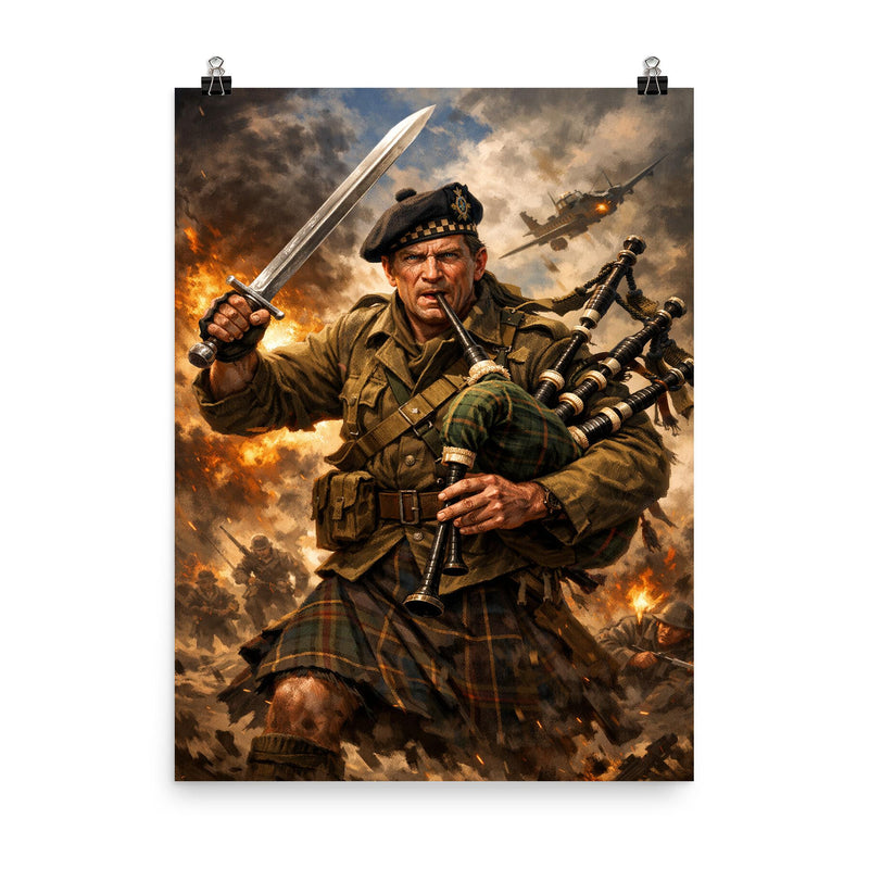 Mad Jack Churchill with broadsword and bagpipes poster on a plain backdrop in size 8