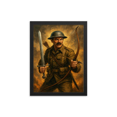 Mad Jack Churchill with broadsword and longbow framed print on a plain backdrop in size 12"x16".